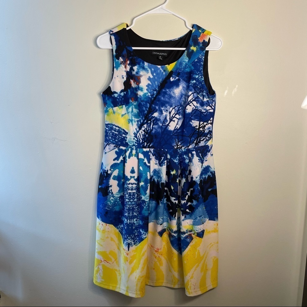 Cynthia Rowley Summer Sundress Sleeveless Blue and Yellow Midi Geometric Dress‎